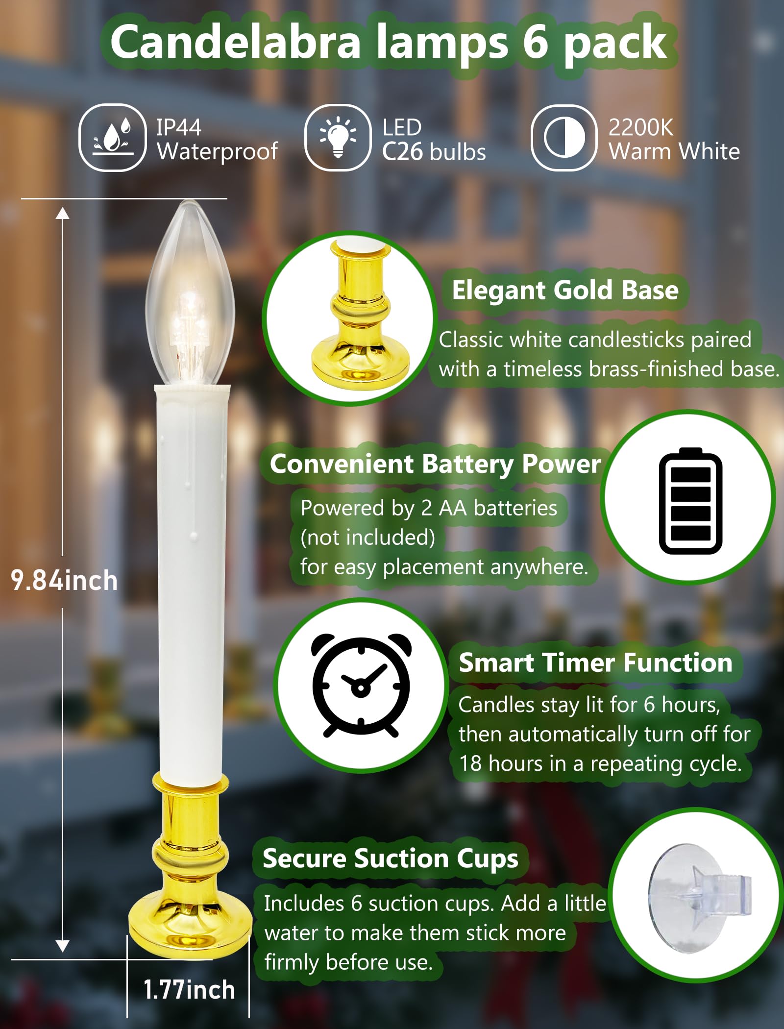 Batteriebetriebene Weihnachtsfensterkerzen mit Timer | Flammenlose LED-Kerzen für Fenster, Messingsockel, batteriebetriebene Fensterkerzen mit Saugnäpfen, 26,7 cm, 6 Stück