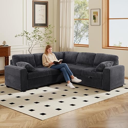 Miniatura 7 de Sofá cama modular en forma de L de 91 pulgadas con reclinable, cama extraíble y diván, sofá de pana convertible para apartamento, sala de estar,