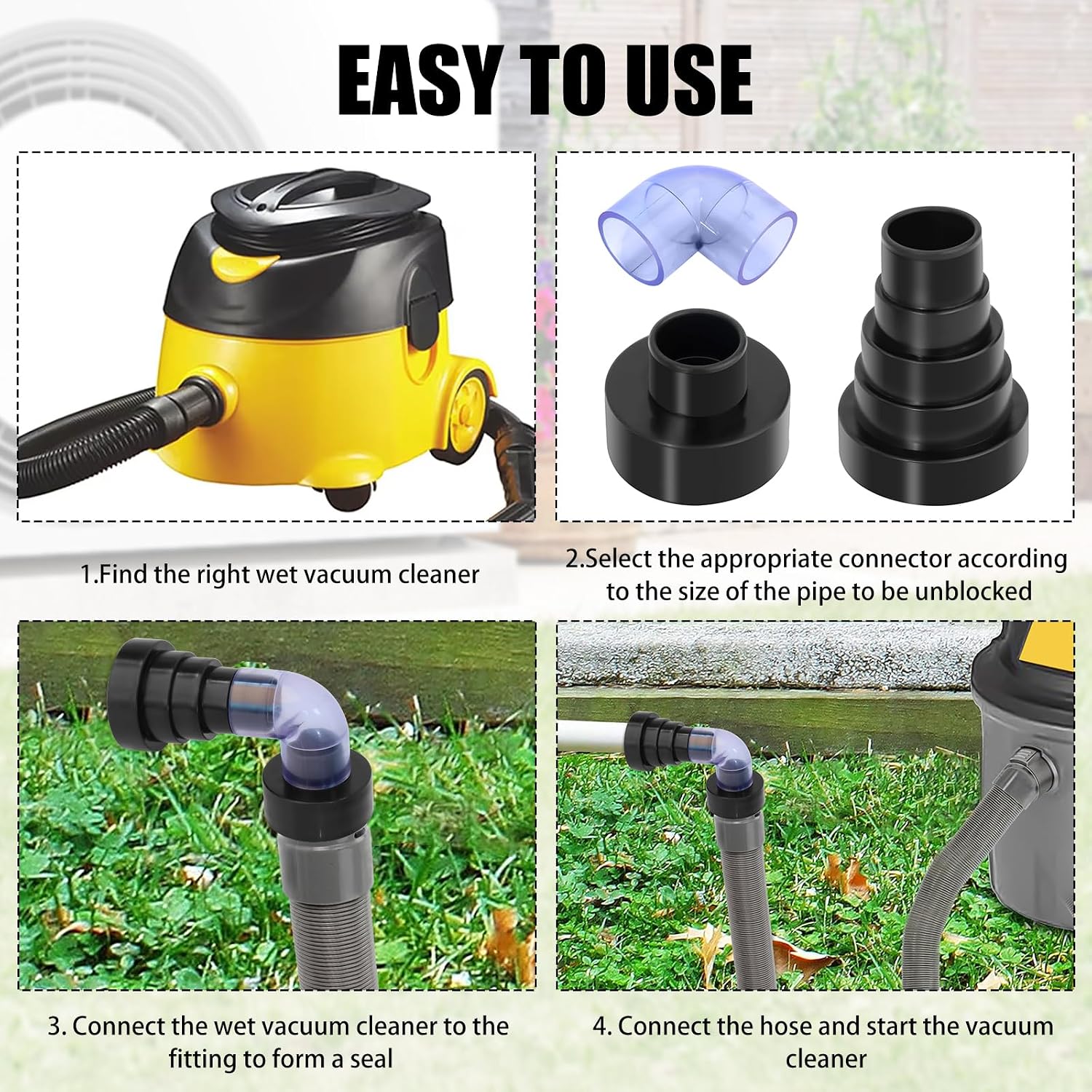 Vacuum Hose to PVC Pipe Adapter, Multi-Size for Unclogging A/C Drain Lines, Fits 1-1/4", 1-7/8", 2-1/2" Hoses & 3/4", 1", 1-1/4", 1-1/2", 2" PVC Pipes