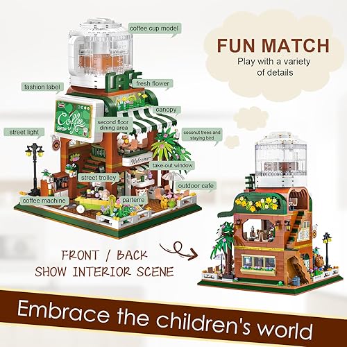 Miniatura 2 de City Coffee House - Juego de modelos de minibloques MOC, Street View Cafe Shop con arquitectura modular LED, kit de bloques de construcción de casa