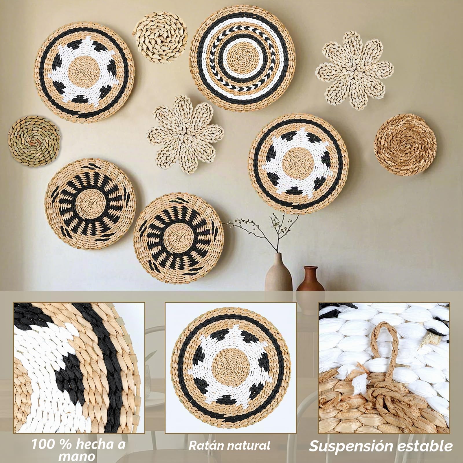 YIYA 10 Piezas Decoración de Cesta de Pared Pared de Cesta Bohemia Tejida a Mano Cestos Mimbre Decoración Pared pared Sala de Estar o Dormitorio