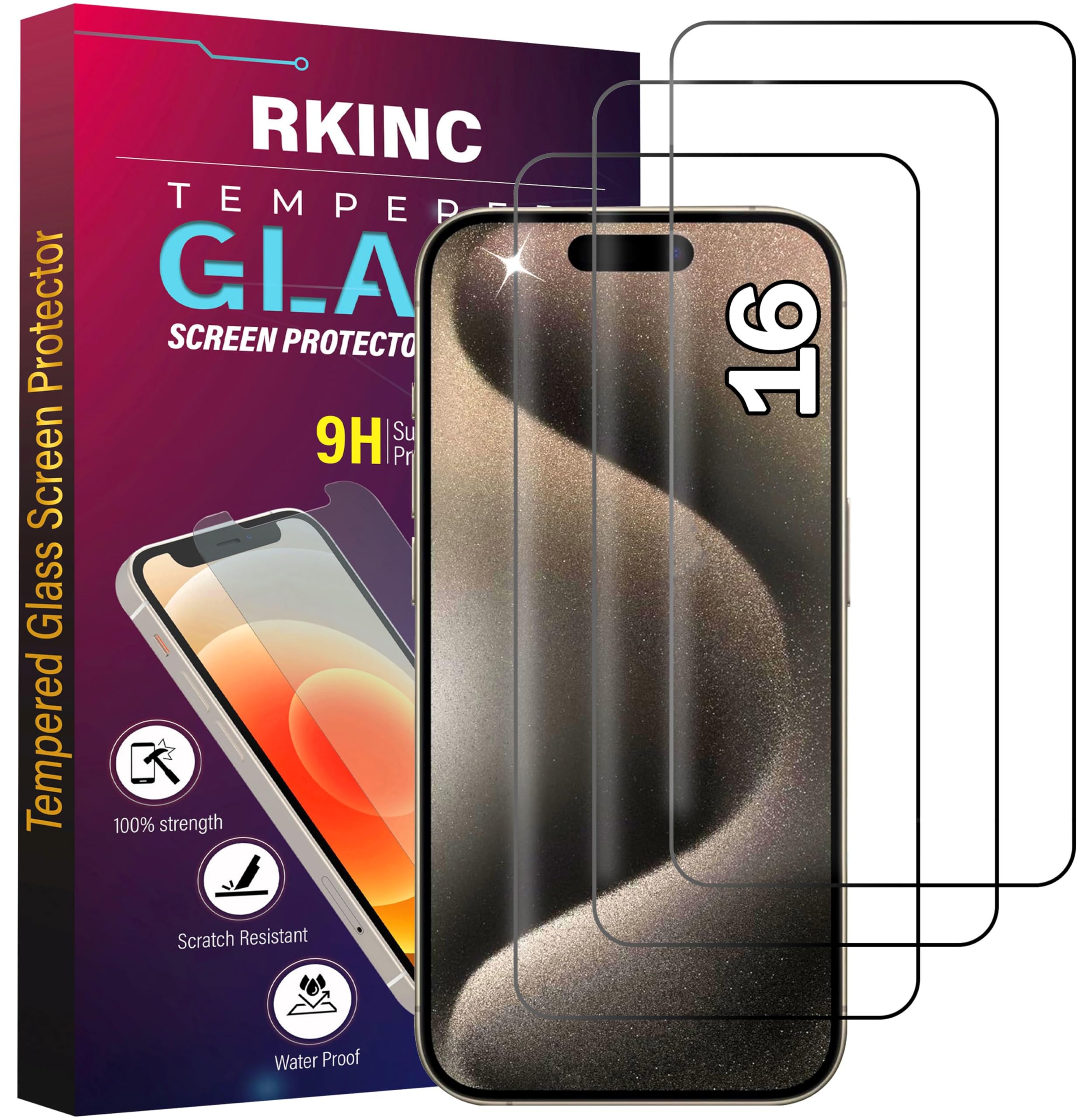 RKINC 3 Stück, Panzerglas Schutz Glas für iPhone 16, Panzer HD Displayschutzfolie, 0,33 mm kratzfest, splitterfrei, blasenfrei, lebenslangeGarantie