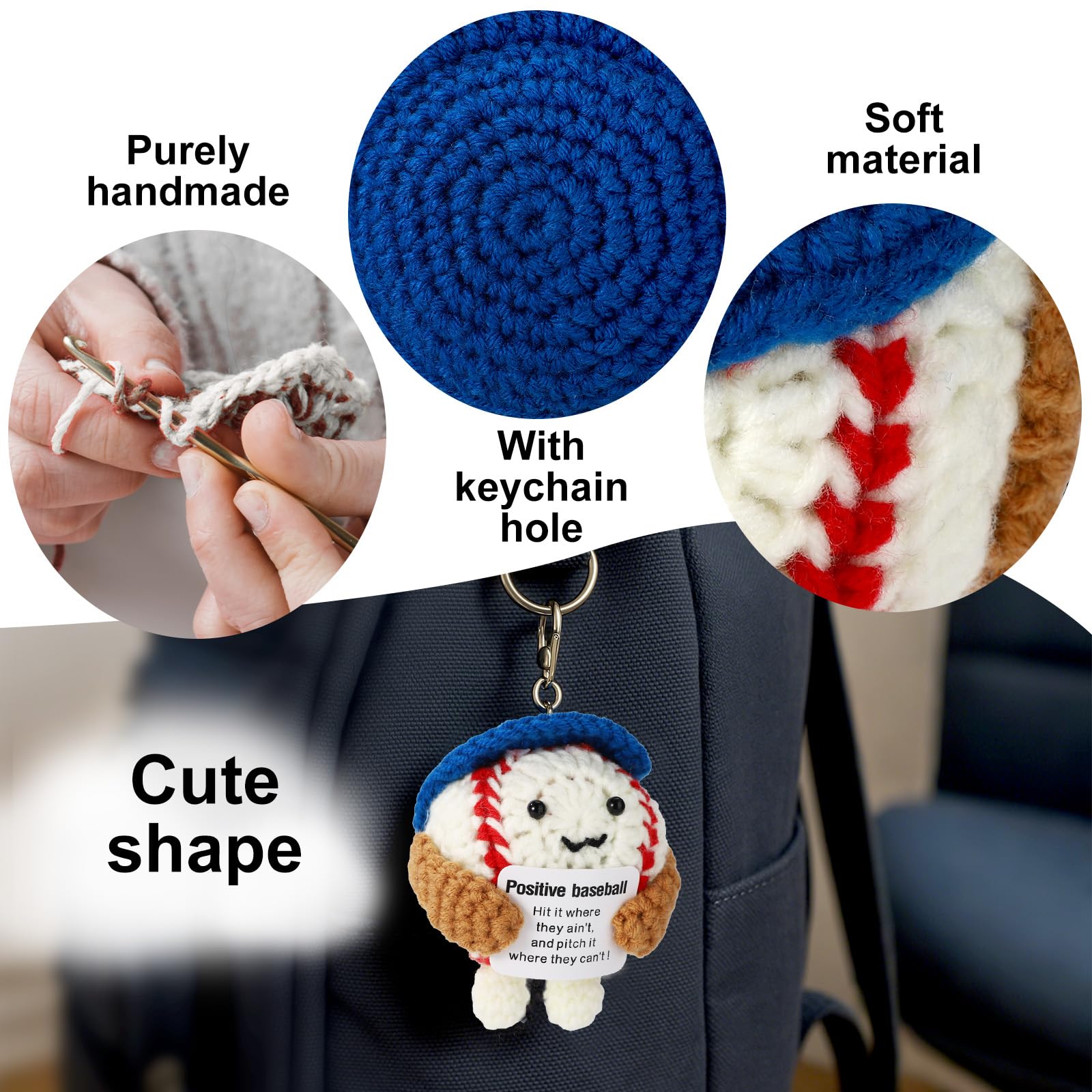 TOYMIS Emotional Crochet Baseball, 3.54in Handmade Positive Baseball Crochet Doll Wearing Blue Hat with Inspirational Support Card Cute Encouragement Knitted Doll Motivational Gift - Image 4