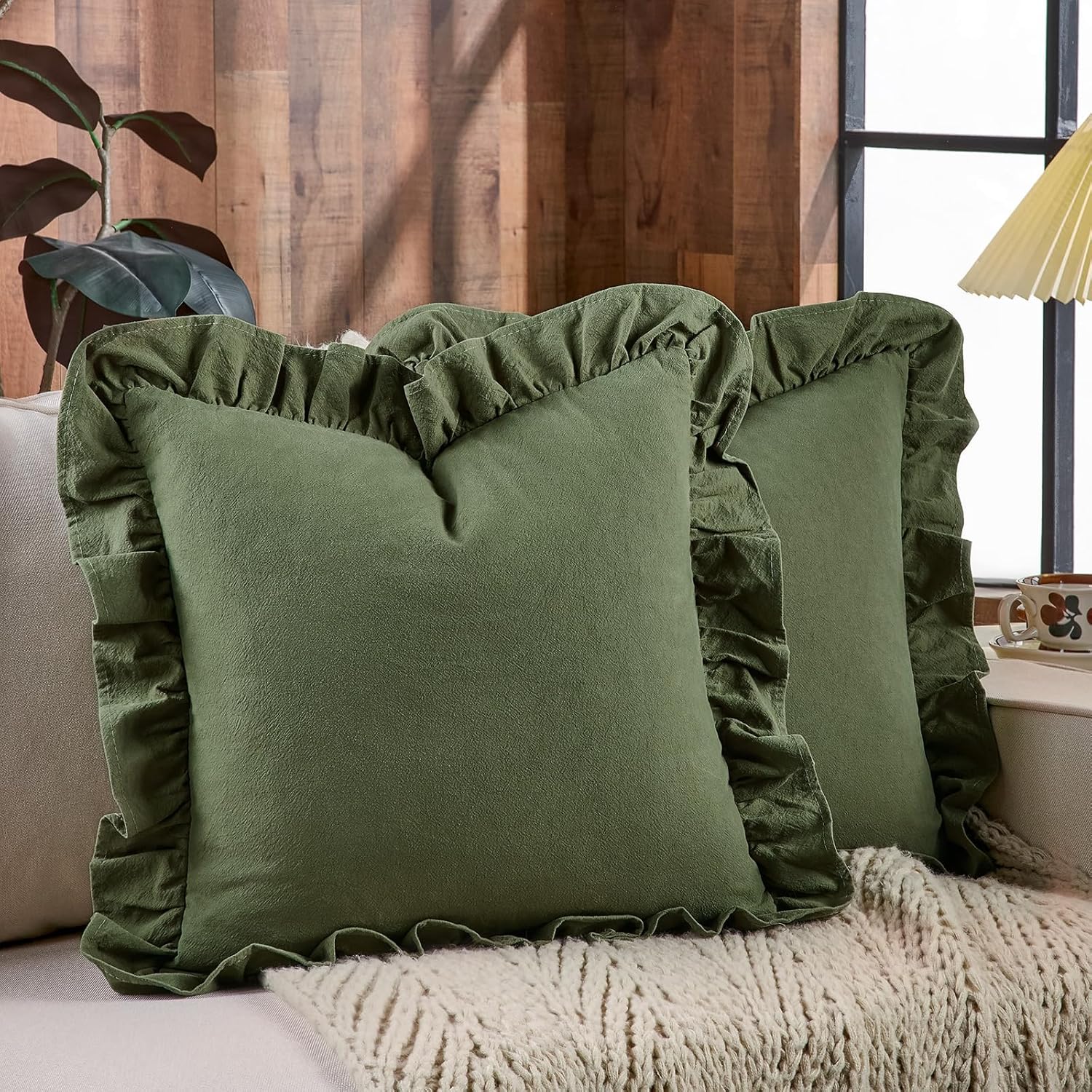 AmHoo Pack of 2 Throw Pillow Covers 100% Cotton Pre Washed Ruffle Decorative Pillowcase Cushion for Couch Sofa Bedroom 18 x 18-Inch Olive Green