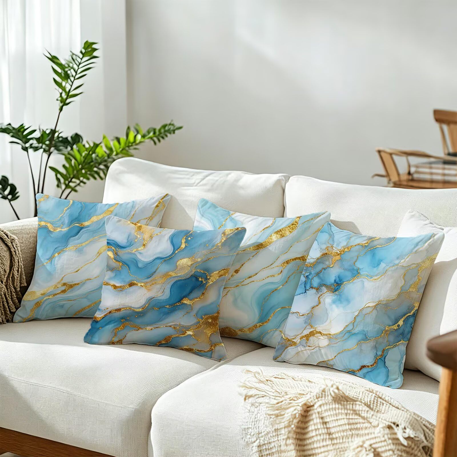 Blu Federe Cuscini Divano 65x65cm, Cuscini da Esterno Set de 4, Cod-82 | Velour Copricuscini Decorativi Letto Arredo, per Letto, Soggiorno, Giardino, Esterno, Casa Decorazione Set di 4 Naturale