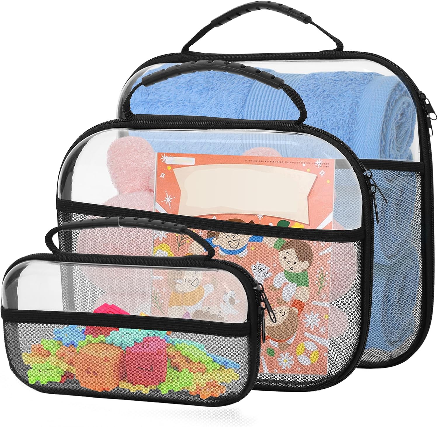 3Pcs Zippered Hard Pouch with Handle Clear Waterproof Zipper Pouch with Side Mesh Pocket for Toy Building Block Stationery(black,transparent)