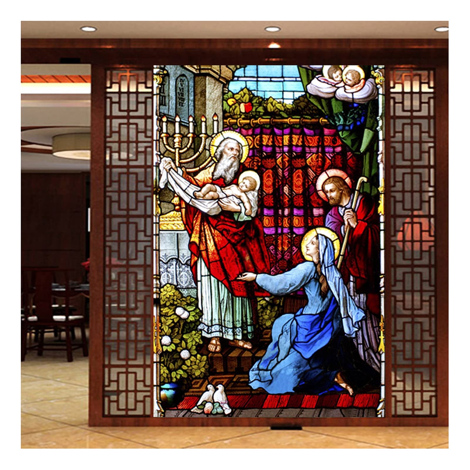 Window Film, Church Stained Glass Decorative Film Anti-UV Anti-UV Static Privacy Clings Film Jesus Religious Figures Decor,9,50x120cm