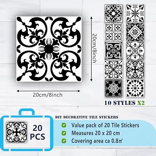 Miniatura 2 de Adhesivos para azulejos para decoración de pared, baño, cocina, impermeable, PVC, decoración - 2D con diseño retro en estilo mosaico (estilo 3, 8 x