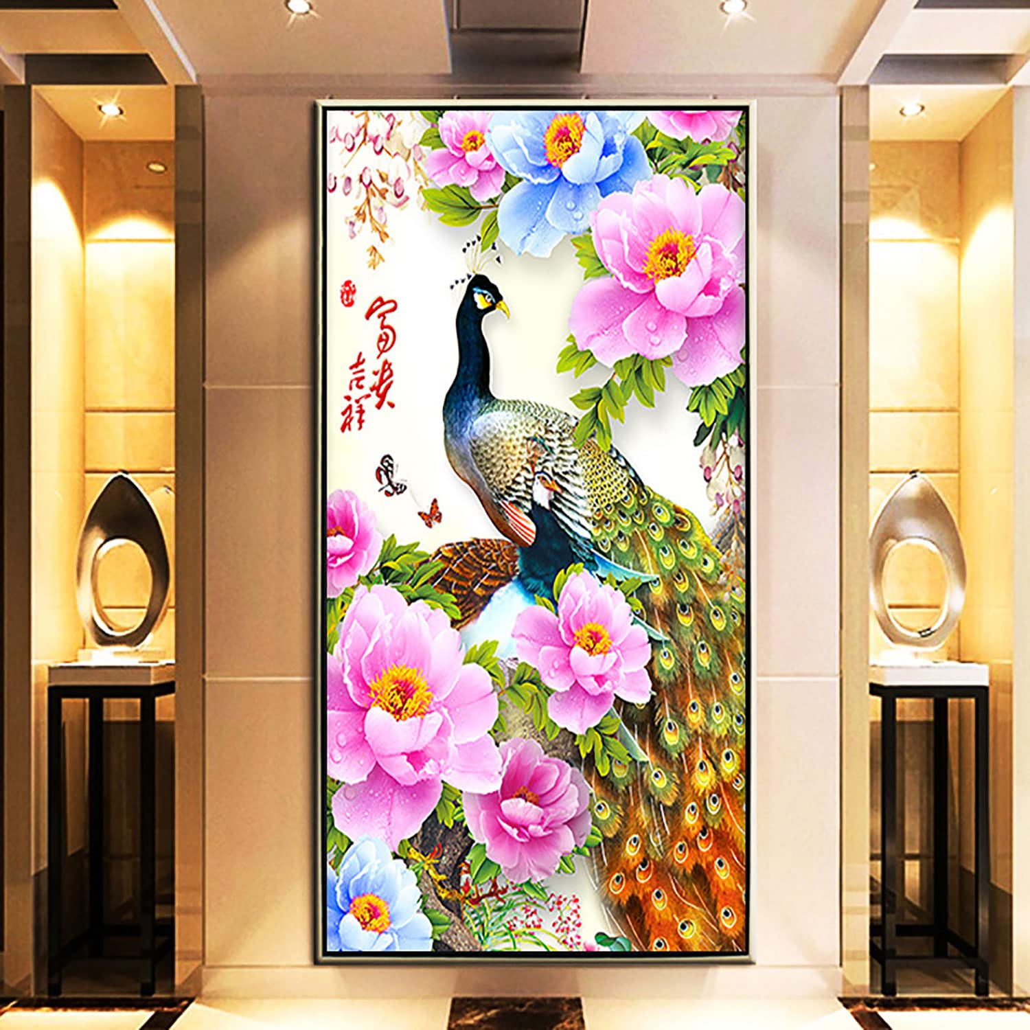 ZGmaxCL Fai da Te 5D Diamond Painting Grandi Dimensioni Pavone e Fiori Paint by Numbers Decorazione per Casa e Pareti 150x60cm