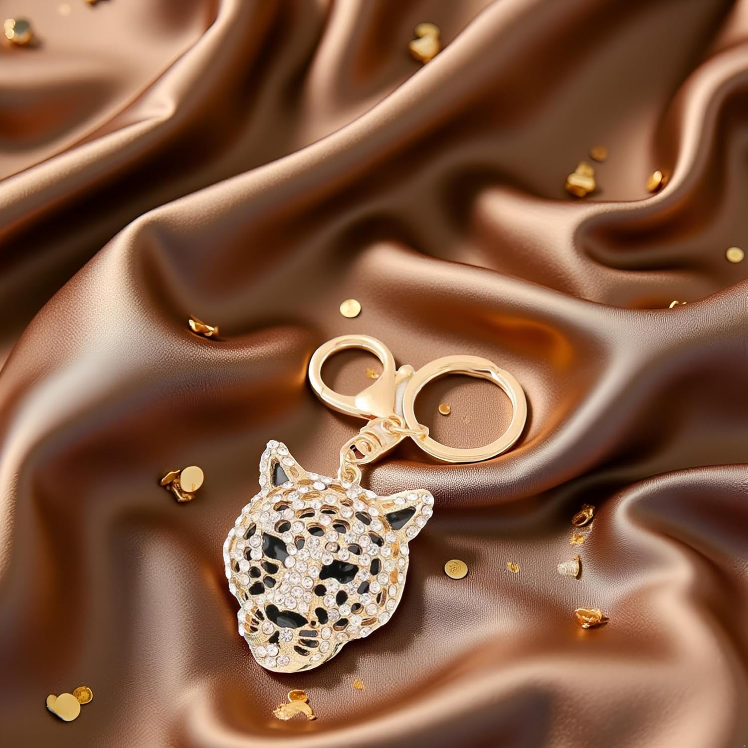 Gold Leopard Bag Pendant, Gold Rhinestone Keychain Leopard Charm, Cute Cheetah Head Purse Key Ring Chain Adornment for Wallets Handbags Keyrings, Keychains and Charms (5.1×5cm) - Image 6