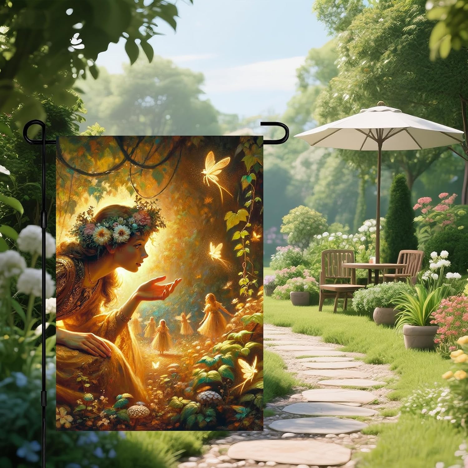 IVN Spring Fairy Garden Flag 12x18 Inch Double Sided Enchanted Forest Flag with Flower Crown Fairy and Glowing Fairies Fantasy Yard Decor for Outdoor Lawn Porch or Seasonal House Decoration - Image 6