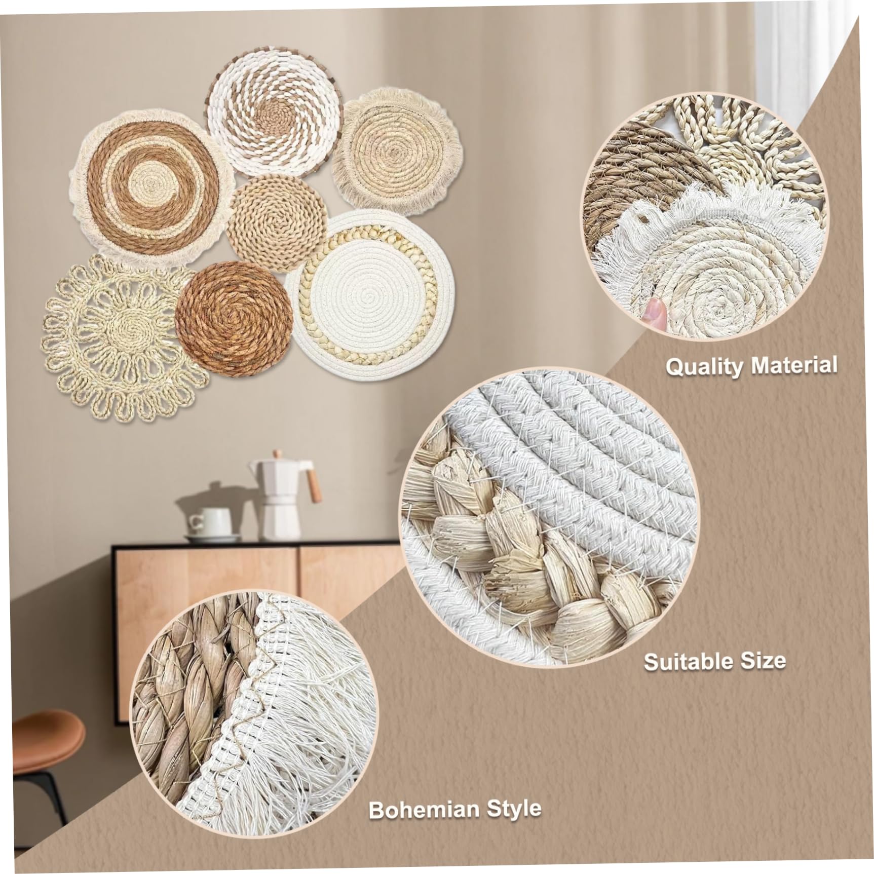 Panier mural tissé suspendu décor, paniers muraux boho 7pcs / régler différentes taille et style Boho panier décor paille et rond art décoratif pour le salon, chambre à coucher, ferme, pépinière