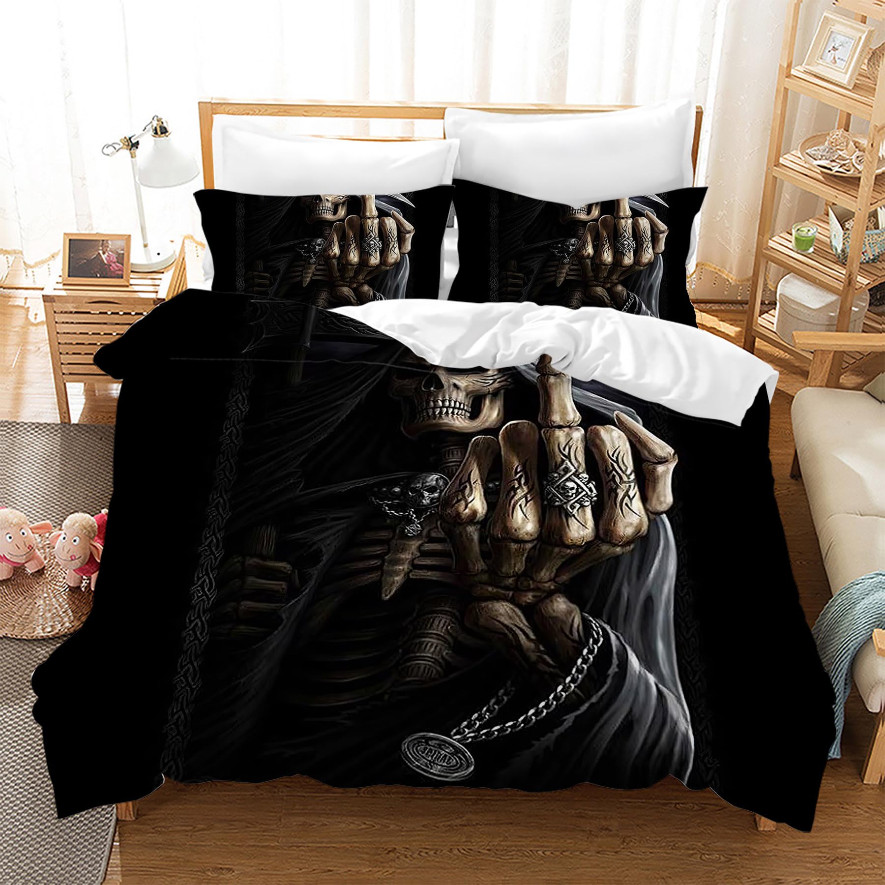 Gegeryozer Skull Duvet Cover Gothic Bedding Set of Microfibre Duvet Cover for Children with 2 Pillowcases 50 x 75 cm (KL1