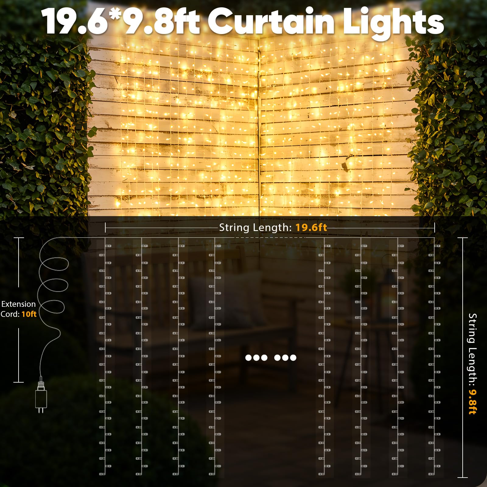suddus Rideaux lumineux de Noël à 600 DEL pour extérieur, 3 x 6 m, à brancher avec télécommande, lampes murales pour Noël, dortoir, mur, fenêtre, mariage, fête, décoration d'anniversaire, blanc chaud