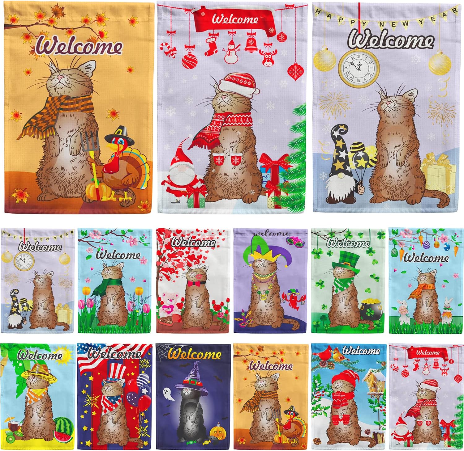 utrwooy Seasonal Garden Flag Set of 12 for All Season Burlap Verticle Cat Flag 12x18 Inch Hanging Decoration Outside Yard for Holidays ThanksGiving/Christmas/New Year