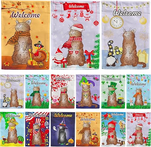 utrwooy Juego de 12 banderas de jardín de temporada para todas las estaciones, verticículo de arpillera, bandera de gato, 12 x 18 pulgadas,