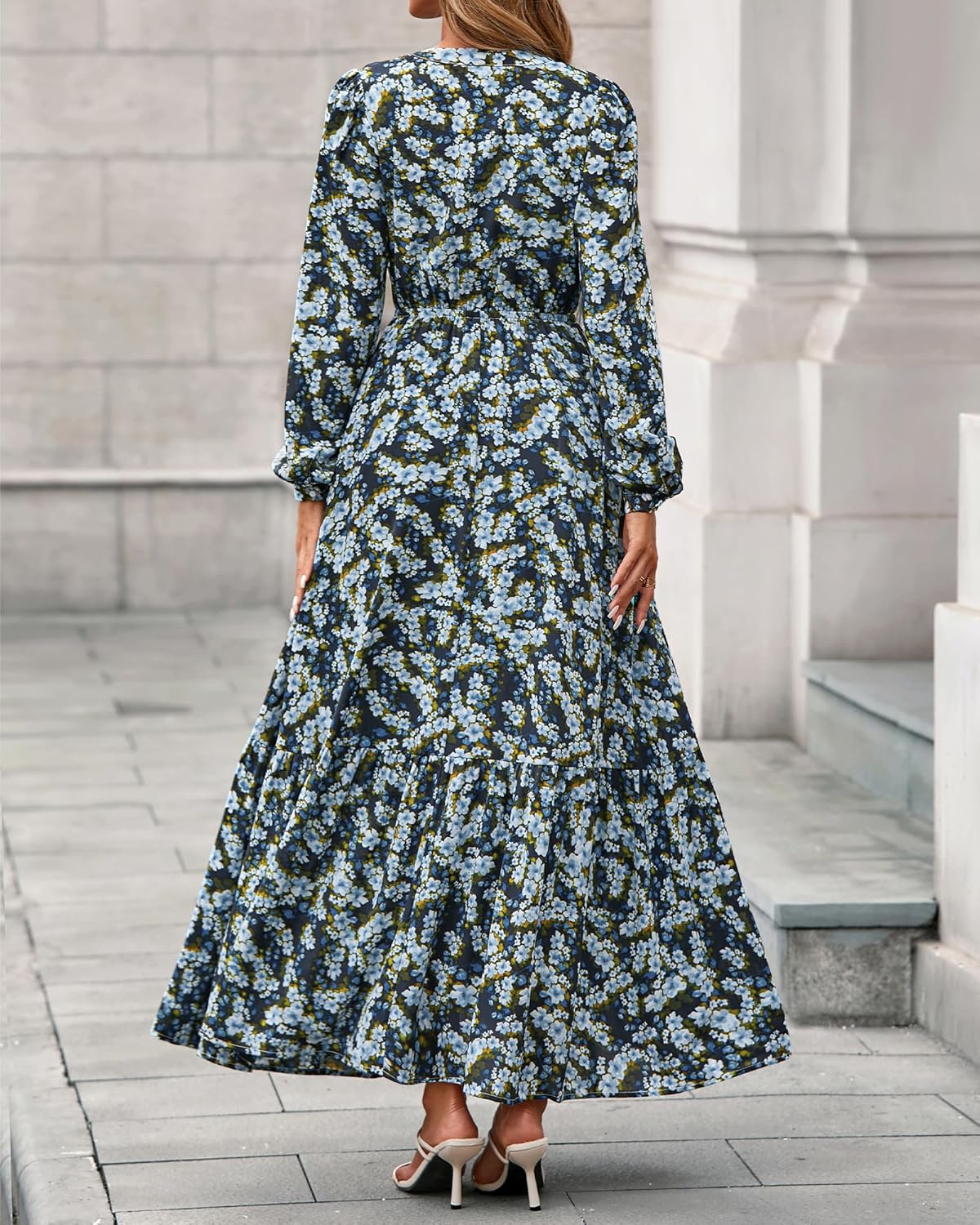 BTFBM Women Boho Maxi Dress Fall Fashion 2025 Floral Long Sleeve V Neck Button Pockets Flowy Vacation Wedding Dresses - Image 3