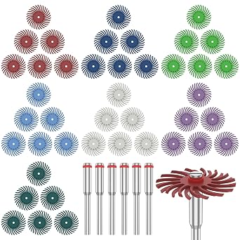 42Pcs Radial Bristle Disc Assortment Kit with 6pcs 3mm Shanks 1inch Elastic Detail Abrasive Brush Jewelry Polishing Abrasive Wheel 80/120/220/400/600/1000/2500 Mixed Grit for Jewelry