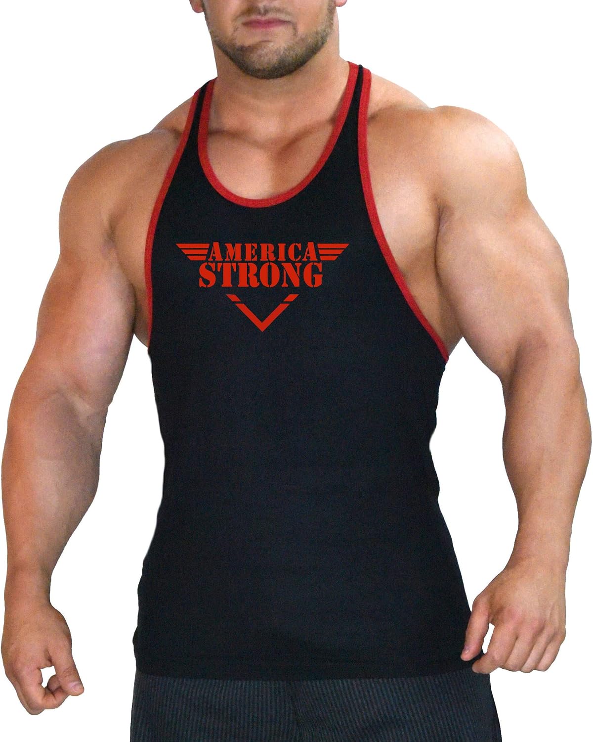 Mens Workout Bodybuilding Gym Fitness Training Tank Top in Black/Red with America Strong Graphic