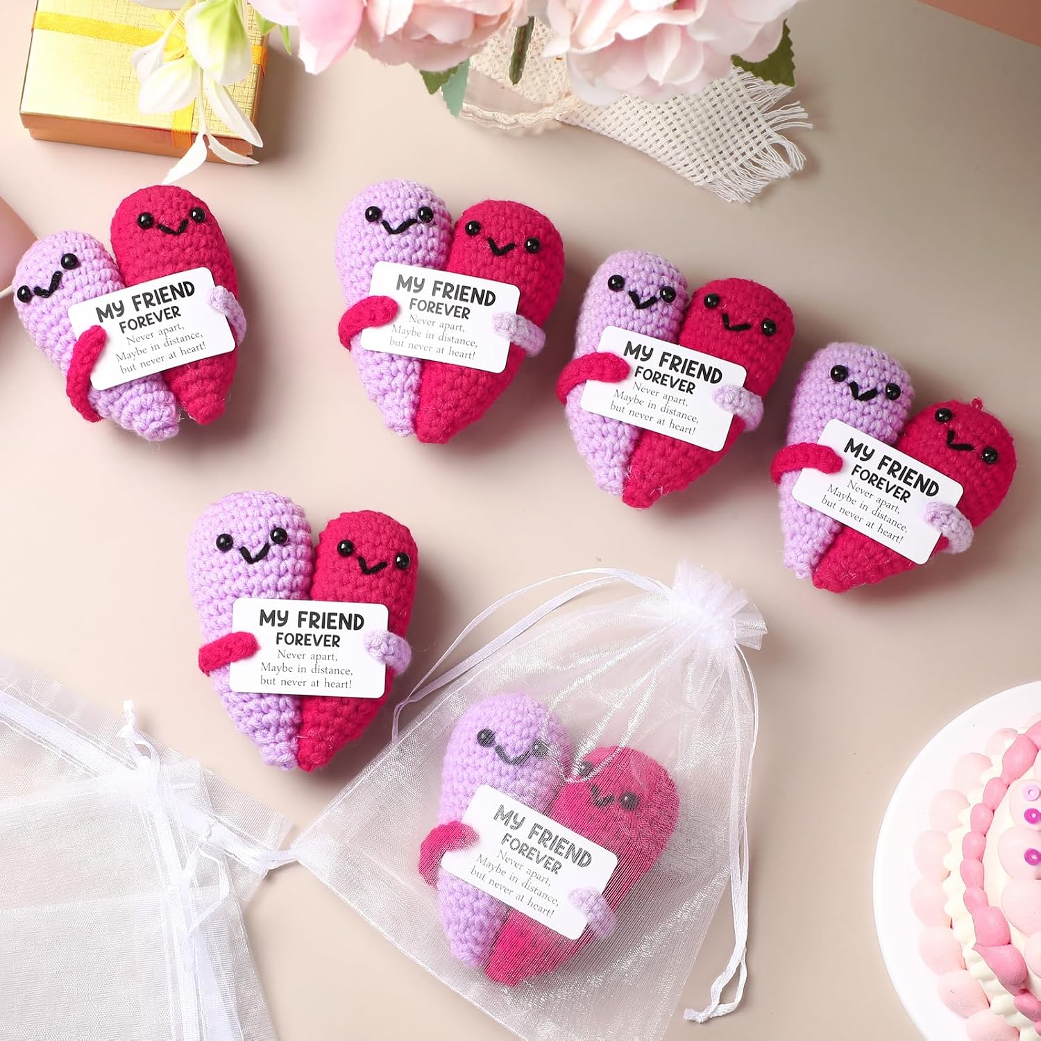 Soulchen 6 Pcs Friendship Gift for Women Long Distance Friendship Crochet Heart Best Friend Birthday Gifts White Elephant Present for Bestie BFF, Handmade Stuff Desk Decor(Red and Purple)