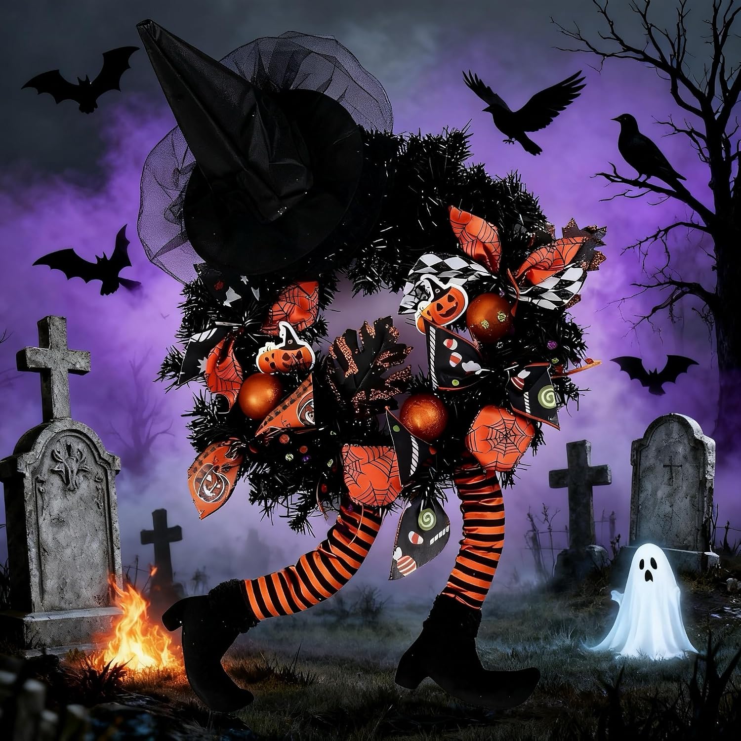 Happy Halloween Wreath for Front Door Decoration with Skeleton Artificial Bone Orange Ornaments Maple Leaf for Party Decor (Halloween 24" Orange)