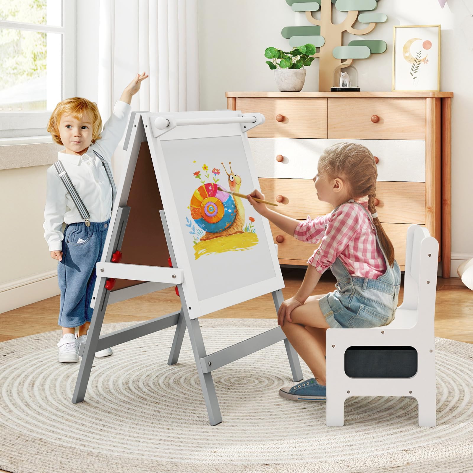 COSTWAY Kinder Staffelei mit Stuhl, höhenverstellbare Kindertafel mit Kreidetafel & Whiteboard, Doppelseitige Spiel-Tafel mit Magnetleisten & Stoff-Aufbewahrungskorb, für Kinder ab 3 Jahren (Grau)