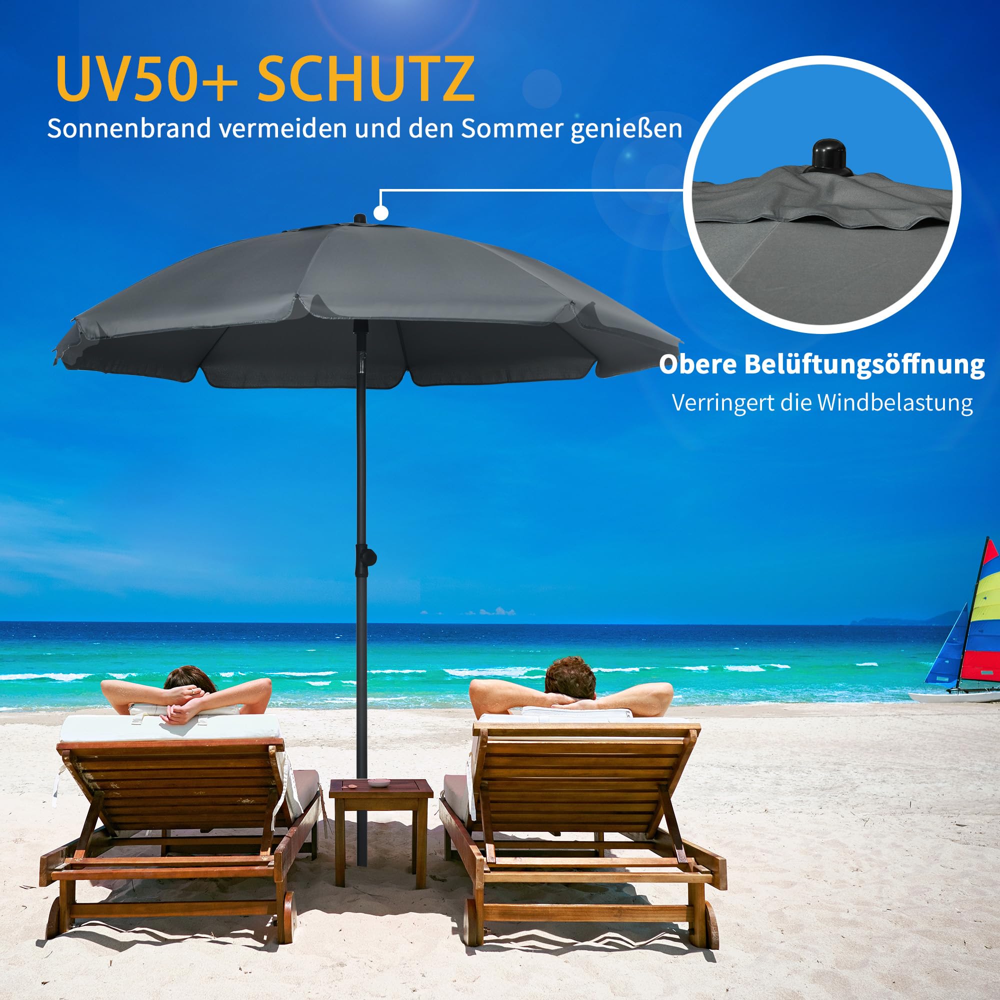 Outsunny Sonnenschirm Strand Ø180 cm UV 50+ windfest stabil Strandschirm mit UV-Schutz sturmfest Balkon-Schirm faltbarer Gartenschirm sicherer Sonnenschutz für Reisen Strand Balkon Camping