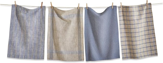 tag Set of 4 Canyon Woven Denim Blue Cotton Machine Washable Kitchen Dishtowels Assorted Prints and Plaids 26L x 18W in. Decoration Decor Blue