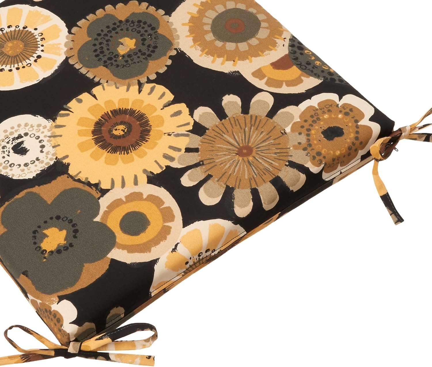 Pillow Perfect Floral Indoor/Outdoor Square Corner Chair Seat Cushion with Ties, Plush Fiber Fill, Weather, and Fade Resistant, 20" x 20", Black/Yellow Crosby, 2 Count