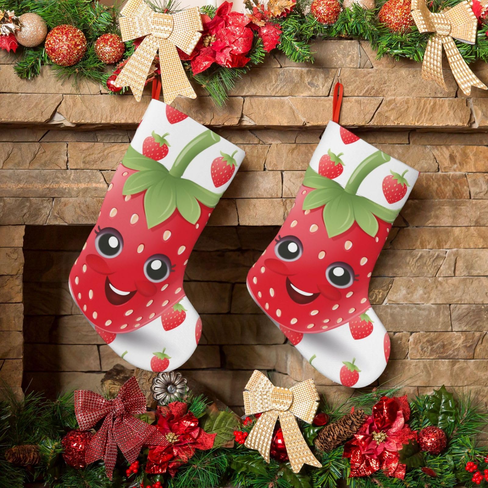 Strawberry Christmas Stockings 18 Inches Velvet Xmas Fireplace Hanging Stocking Rustic Christmas Santa Stockings for Home Christmas Decorations Party Favor Supplies