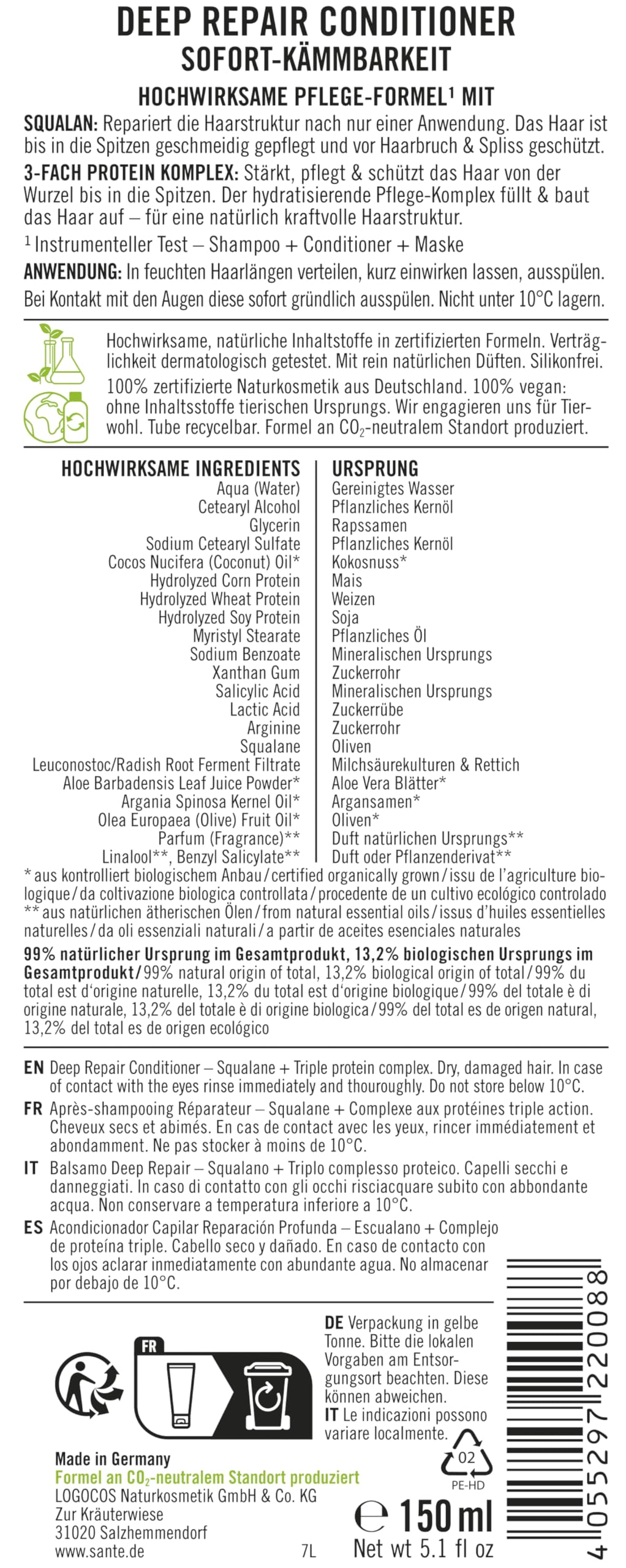 SANTENATURKOSME produkt do pielęgnacji włosów 150 ml
