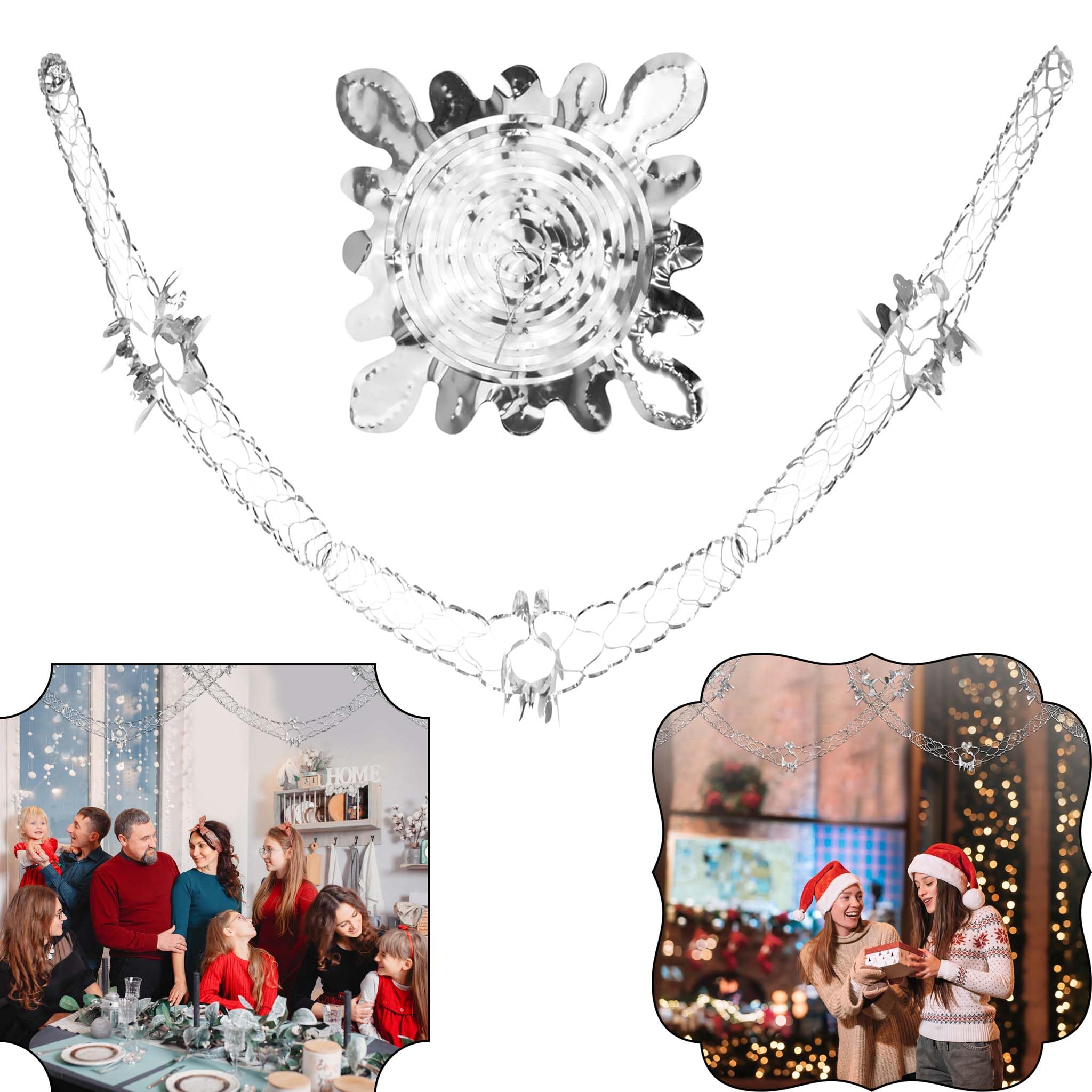 HOVUK®Christmas Hanging Ceiling,Wall Decoration Foil Garland,Bell,Ball,SnowFlake Decoration (Silver, 15cm x 2.7M Garland)