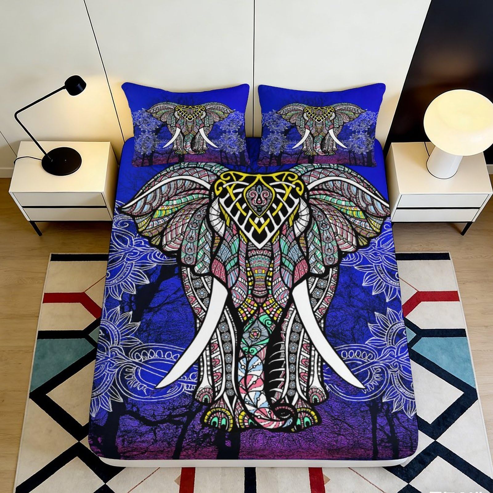 3D Printed Mandala Elephant Fitted Sheet Microfiber Soft Blue Boho Bed Cover for Bedroom Guestroom Dorm Mattress Decor 90x200x25cm