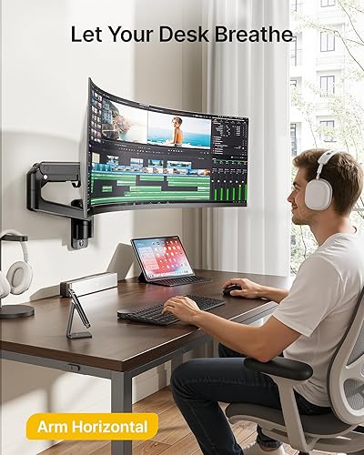 Miniatura 7 de monTEK Soporte de pared para monitor para pantallas ultraanchas de 17-57" hasta 59.4 libras, brazo de monitor de resorte de gas de aluminio de alta