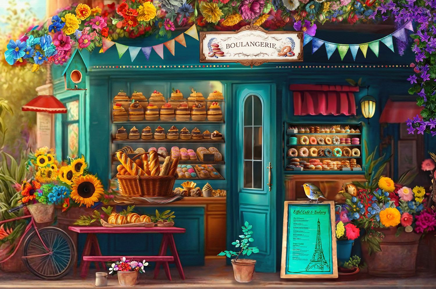Boulangerie Pastry Shop 500 Piece Jigsaw Puzzle for Adults Will Have Your Wishing for Pasteries in This Colorful Scene of Baked Goods and Flowers.