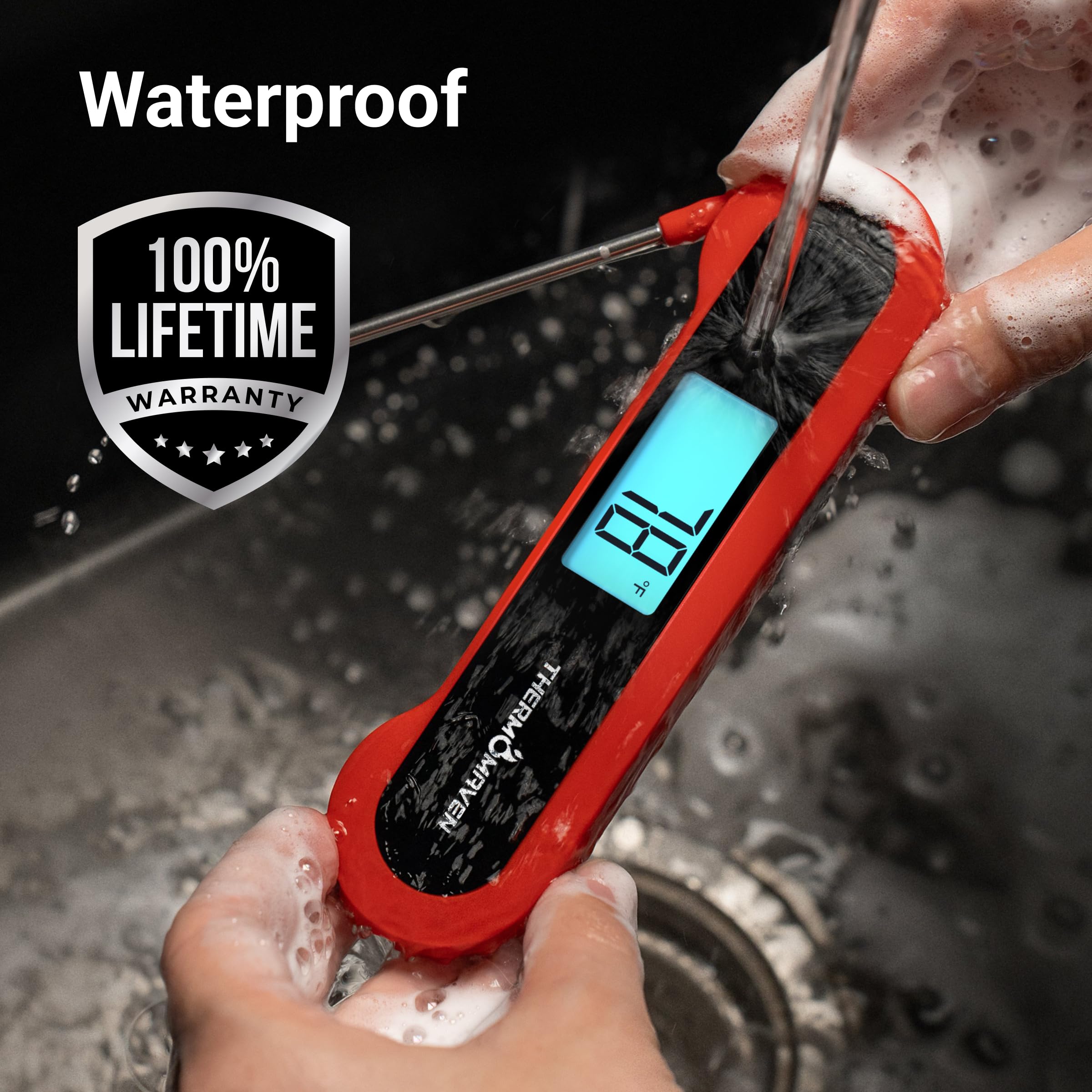 Thermomètre numérique professionnel à lecture instantanée de 0,5 seconde, certifié NIST de ± 0,5 °C, rotation automatique, grand écran LCD, thermomètre de cuisson 100 % étanche pour gril, barbecue