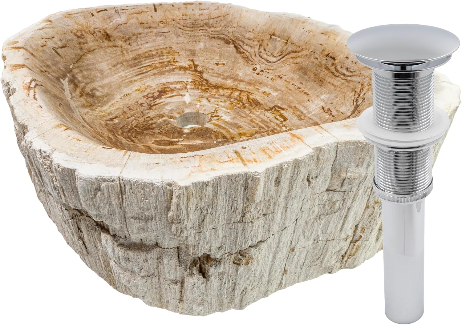Novatto Fossil Wood Vessel Sink and Chrome Umbrella Drain