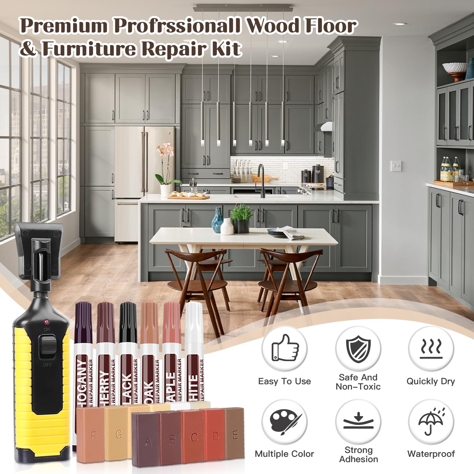 Set Di Riparazione per Piastrelle, Kit Riparazione Piastrelle con 11 Colori Cera Dura, 6 Pennarelli Riparazione Mobili, Pennarello Fondente e Accessori, Stucco Legno per Laminato, Mobili, Piani Lavoro