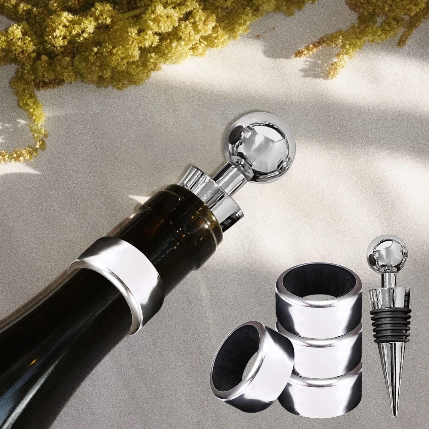 4 Anillos De Gota De Vino Y 1 Tapón, Acero Inoxidable, Collar Para Botella, A Prueba De Fugas - Accesorios Para Familias, Bar, Restaurantes