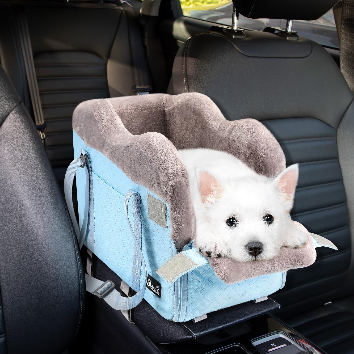 SlowTon Console Dog Car Seat - Portable Center Dog Car Seat for Small Dogs up to 9 lbs, Washable Pet Carseat with Soft Cushion Safe Protection Hooks & Storage Pocket, Blue