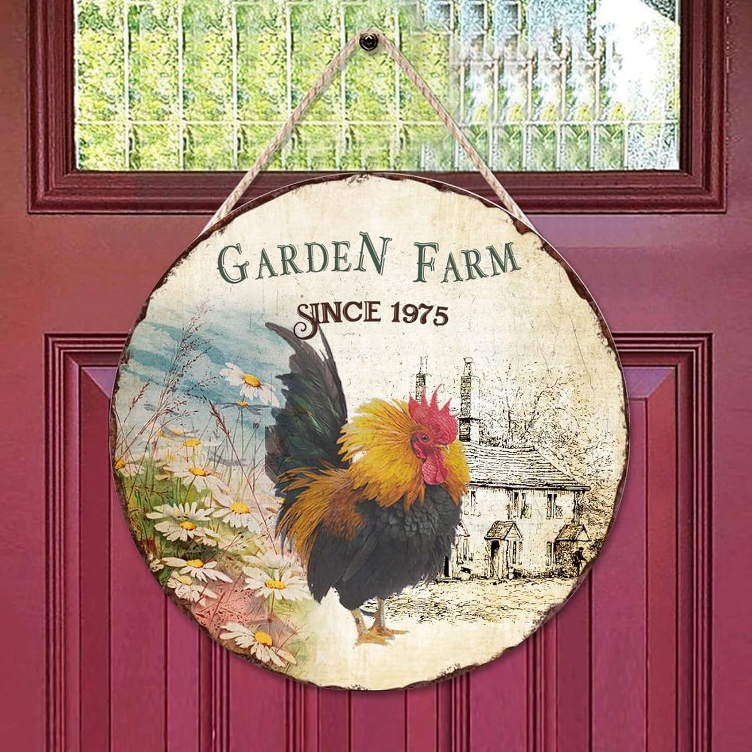 Garden Farm Since 1975 Front Door Sign, Chicken Wood Door Sign, 16x16in Vintage Wall Hanging Sign Plaque for Front Door Entryway Porch Bar Pub Farewell Party Housewarming Gifts