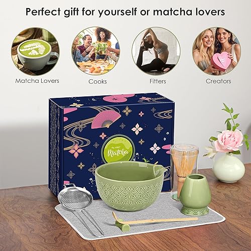 Miniatura 6 de Juego de batidor de matcha, juego de té japonés de 7 piezas, incluye cuenco de matcha con boquilla, batidor de bambú con soporte de cerámica, Verde