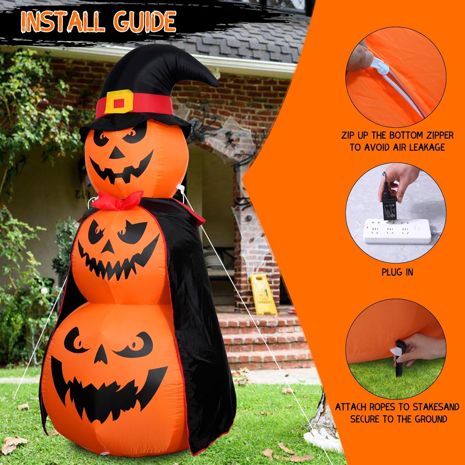 6FT Halloween Inflatables Stacked Pumpkins Decor with Witch’s Hat Halloween Blow Up 3 Pumpkins Built-in Led Light Pumpkin Inflatables Outdoors Yard Lawn Indoor Holiday Party