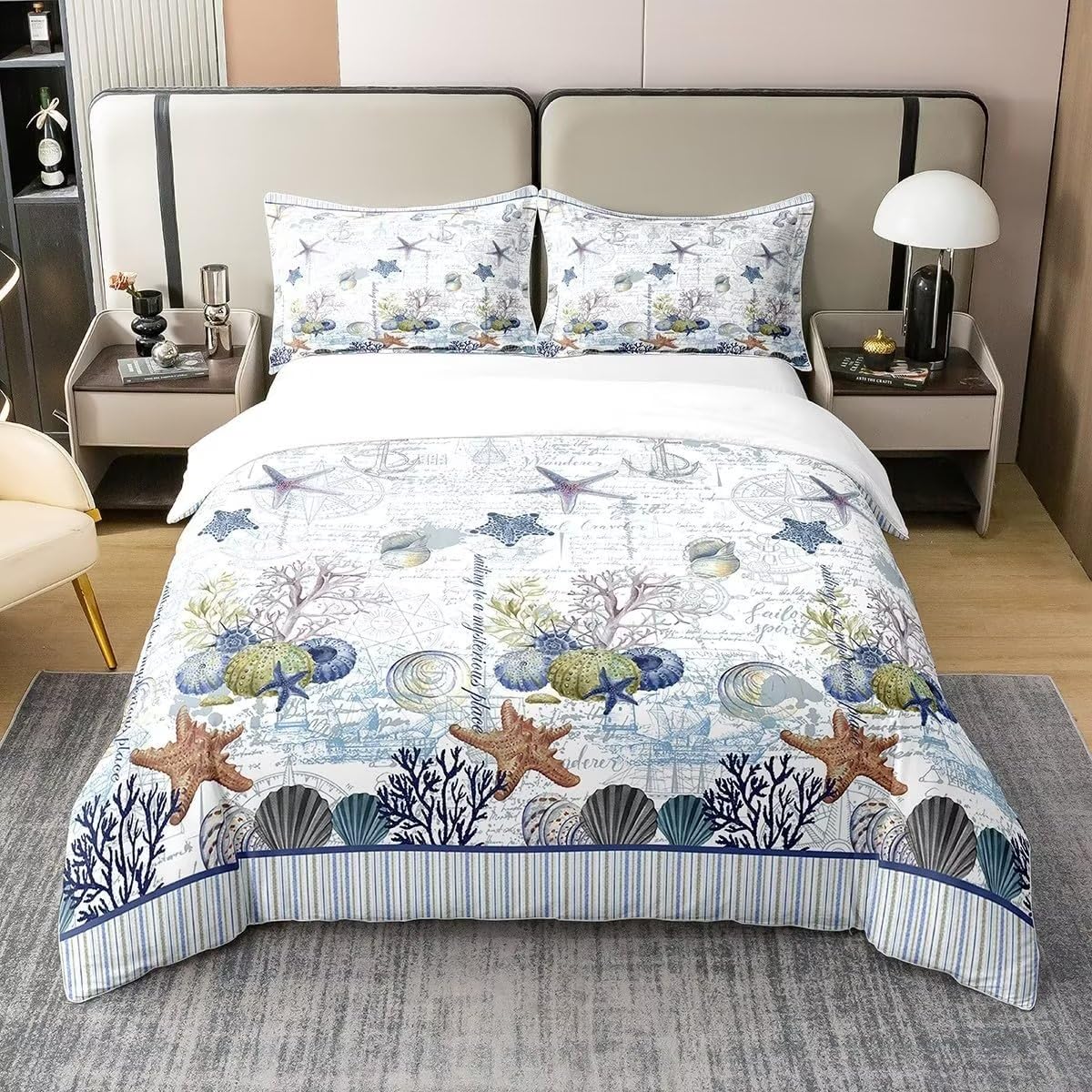 LoCzek Seestern Bettwäsche 155x220 Schifffahrt Bettbezug 155x220 3 teilig Set, Mikrofaser Bettwäsche Set und Kissenbezug 80x80, Weiche Atmungsaktive Bettwäsche-Sets mit Reißverschluss