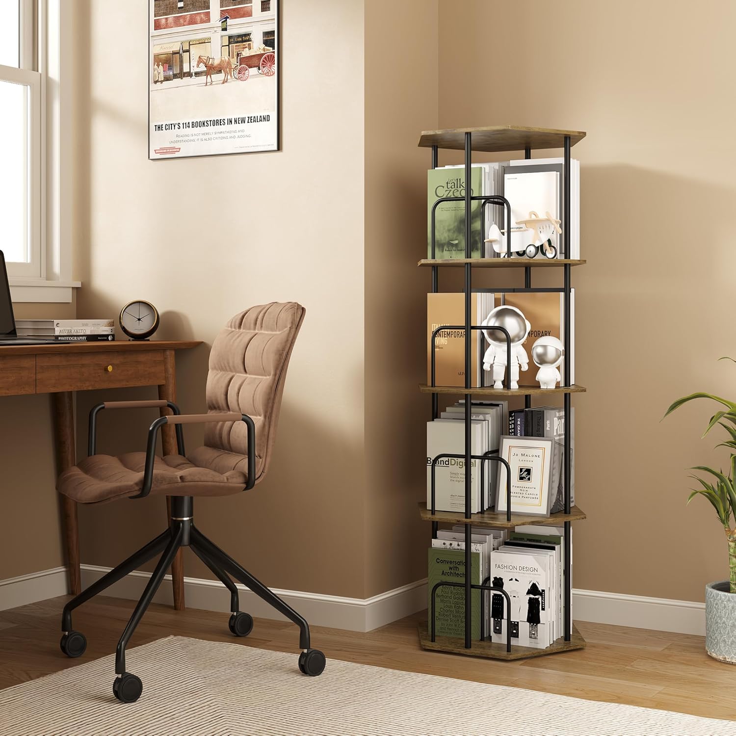 SUNMORY 4 Tier Rotating Bookshelf Tower, Revolving 360 ° Spinning Bookcase, Hexagonal Corner Book Shelf Storage Carousel, Vertical Rotate Turning Organizer Book Shelves for Living Room Office Bedroom - Image 6