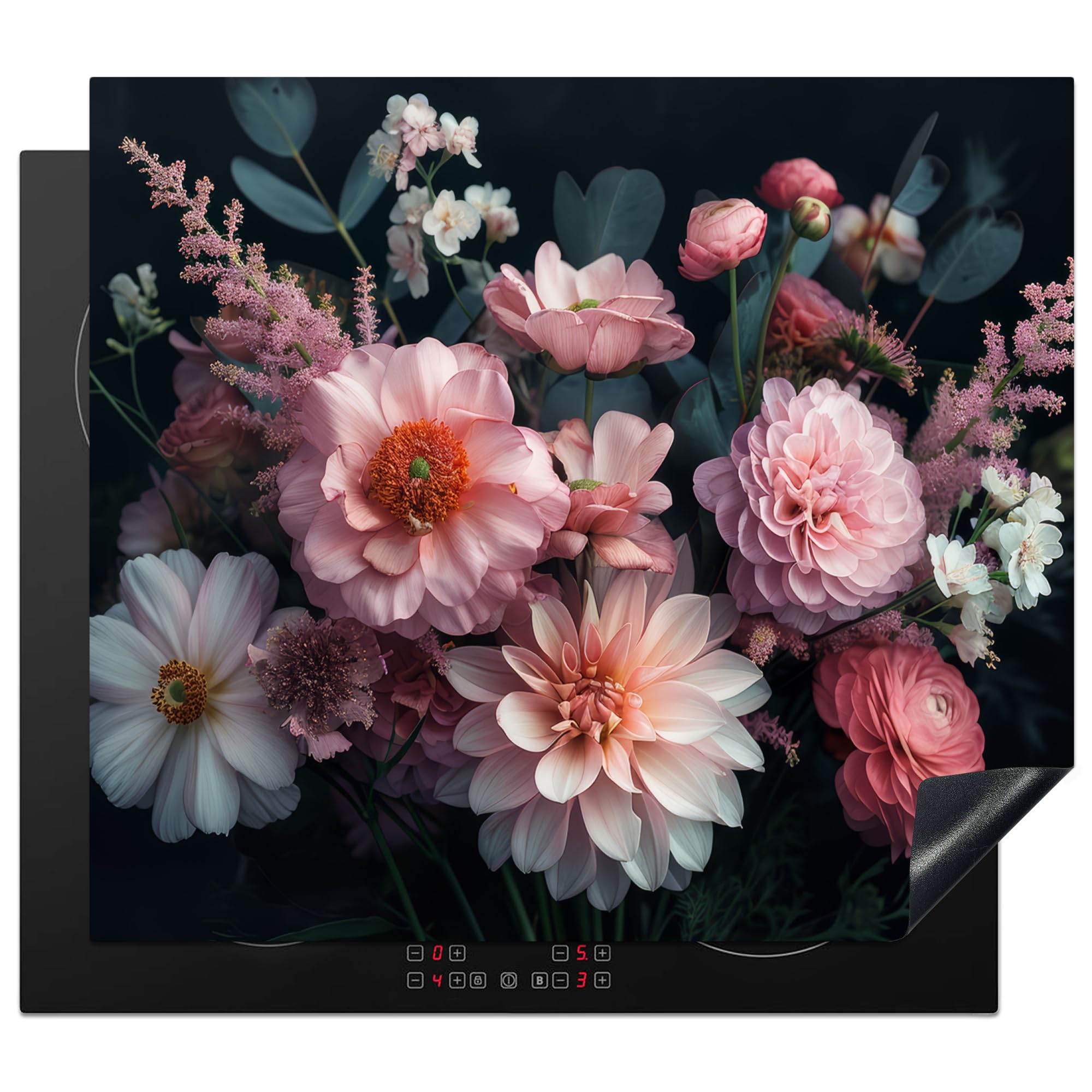KitchenYeah© Induction Hob Cover Protector Mat 20.1"x23.2" / 59x51 cm Kitchen Universal Ceramic Covers for Electric Cookers Vinyl Flowers - Colourful - Pink - Plants — image 1