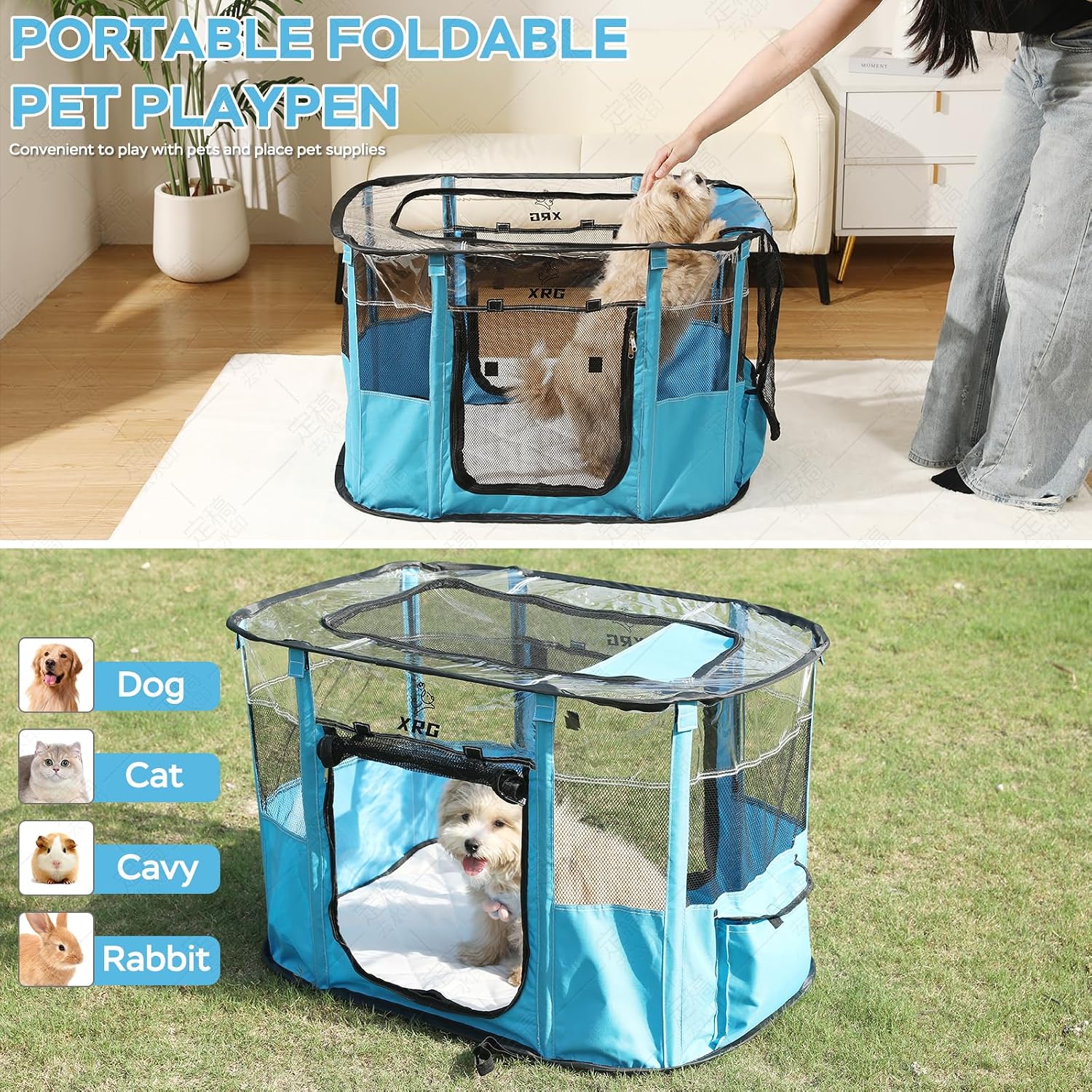 Portable Pet Playpen with Waterproof pad, Collapsible Crates Kennel Playpen for Dog cat and Rabbit &Travel playpen Outdoor or Indoor (Medium（31.5" L x 23.6" W x 21.7" H）, Clear Blue)