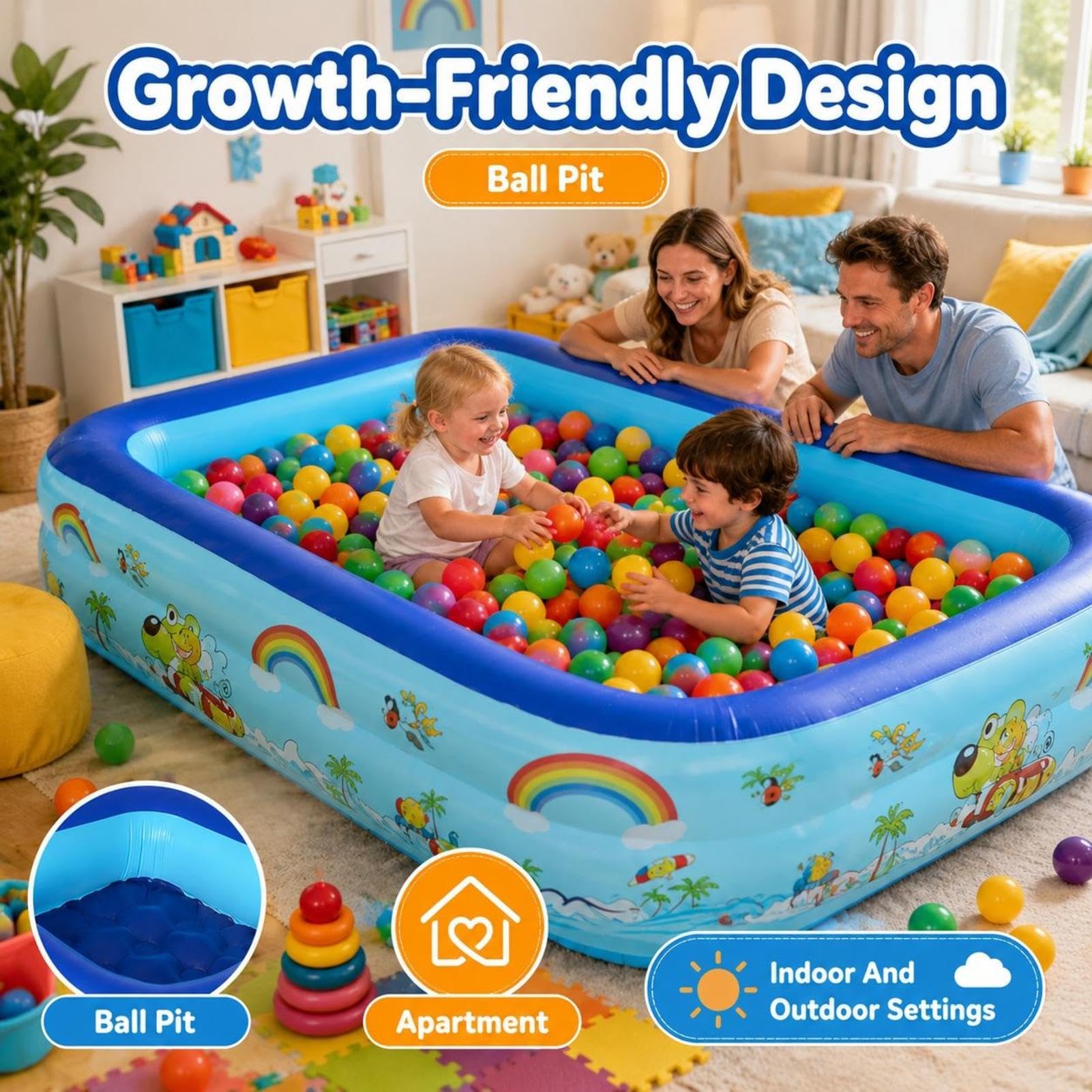 Aufblasbares Planschbecken | Rechteckig Verstärkt Mit Ablassventil | Aufblasbarer Pool Mit Weichem Boden | Rechteckige Familienbecken | Kinderpool Planschbecken Rechteckig Für Indoor Outdoor