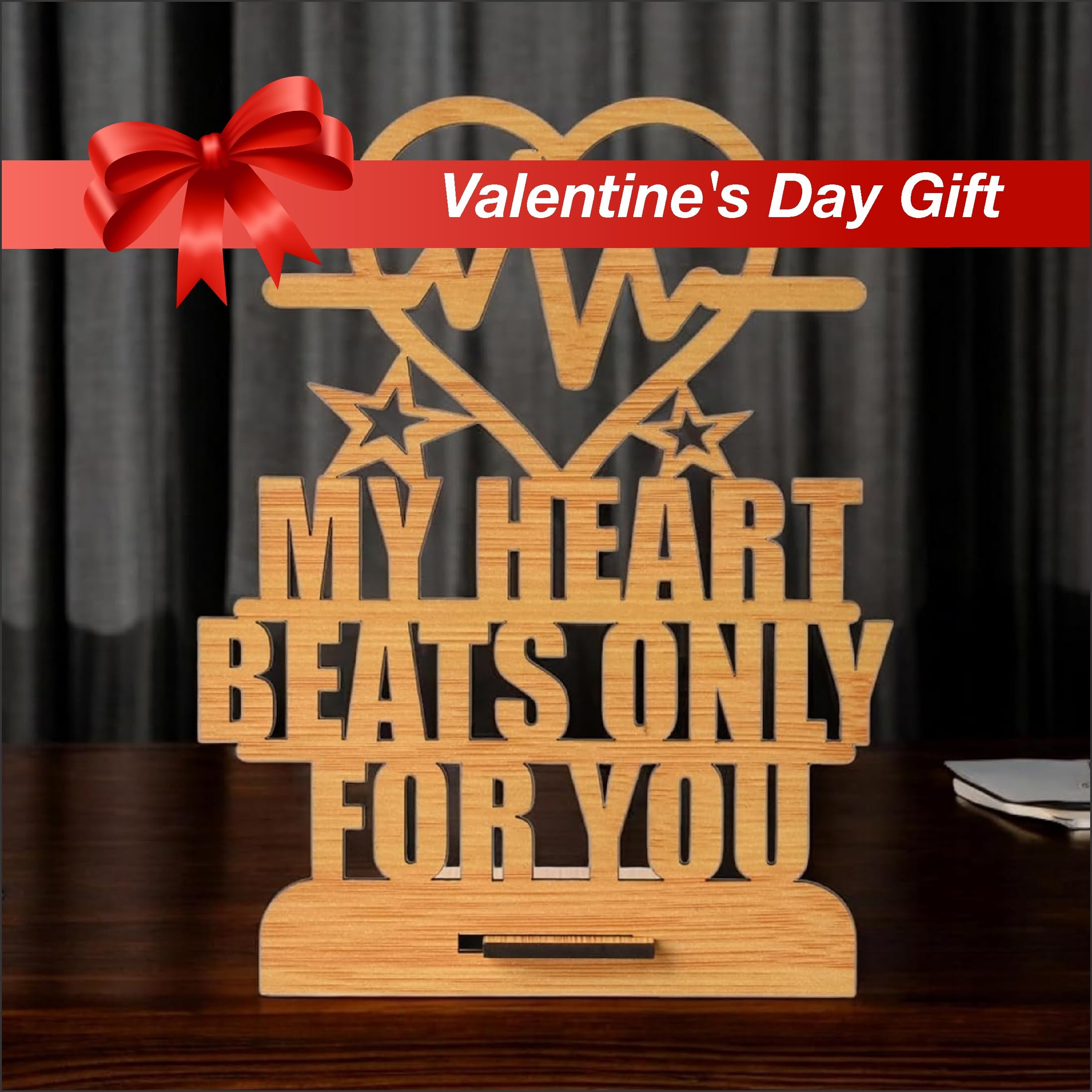 - GKD My Heart Beats Only for You Wooden Tabletop Décor | Romantic Love Gift | Anniversary, Wedding & Couple Gift Cutout | Home & Office Decoration (8x6in)
