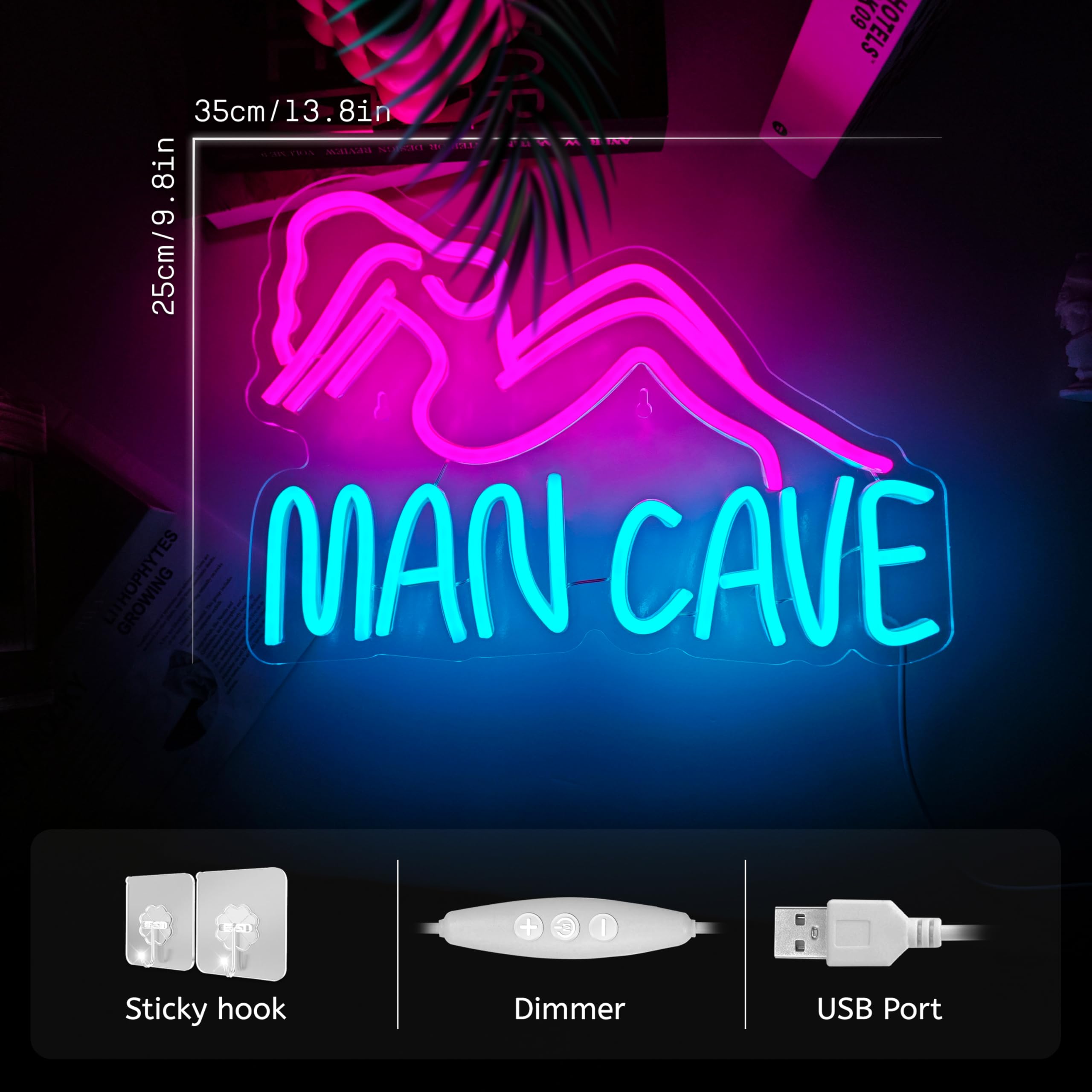 Neonowe znaki LED, nowoczesne, różowe, akrylowe, uchwyt ścienny, 35 x 25 x 1,5 cm, zasilane przez USB, ściemniane światło LED do sypialni, pokoju gier, baru, pubu, klubu, dekoracja ścienna